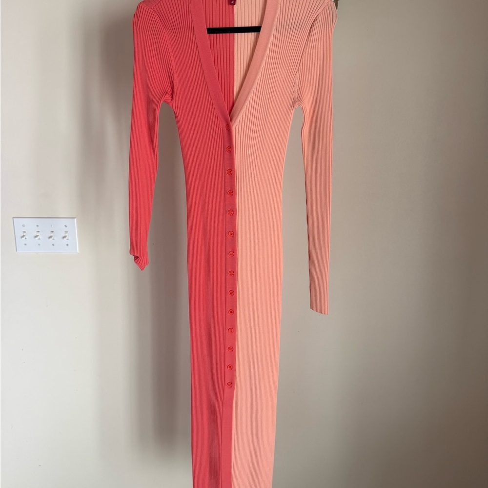 STAUD Coral and Blush Two-Tone Ribbed Button-Front Maxi Dress